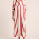 Casual Maxi Shirt Dress with Stripe Pattern and Pockets — Red — studio front