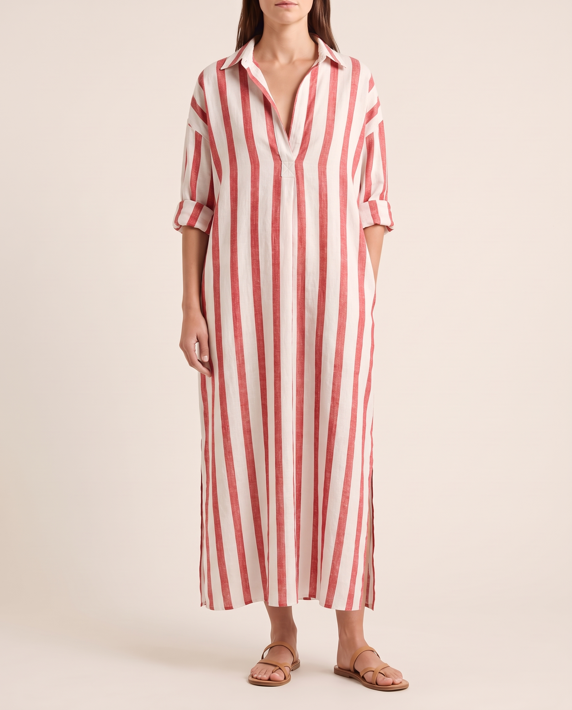 Casual Maxi Shirt Dress with Stripe Pattern and Pockets — Red — studio front