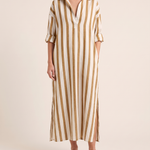 Casual Maxi Shirt Dress with Stripe Pattern and Pockets — Earthy Yellow — studio front