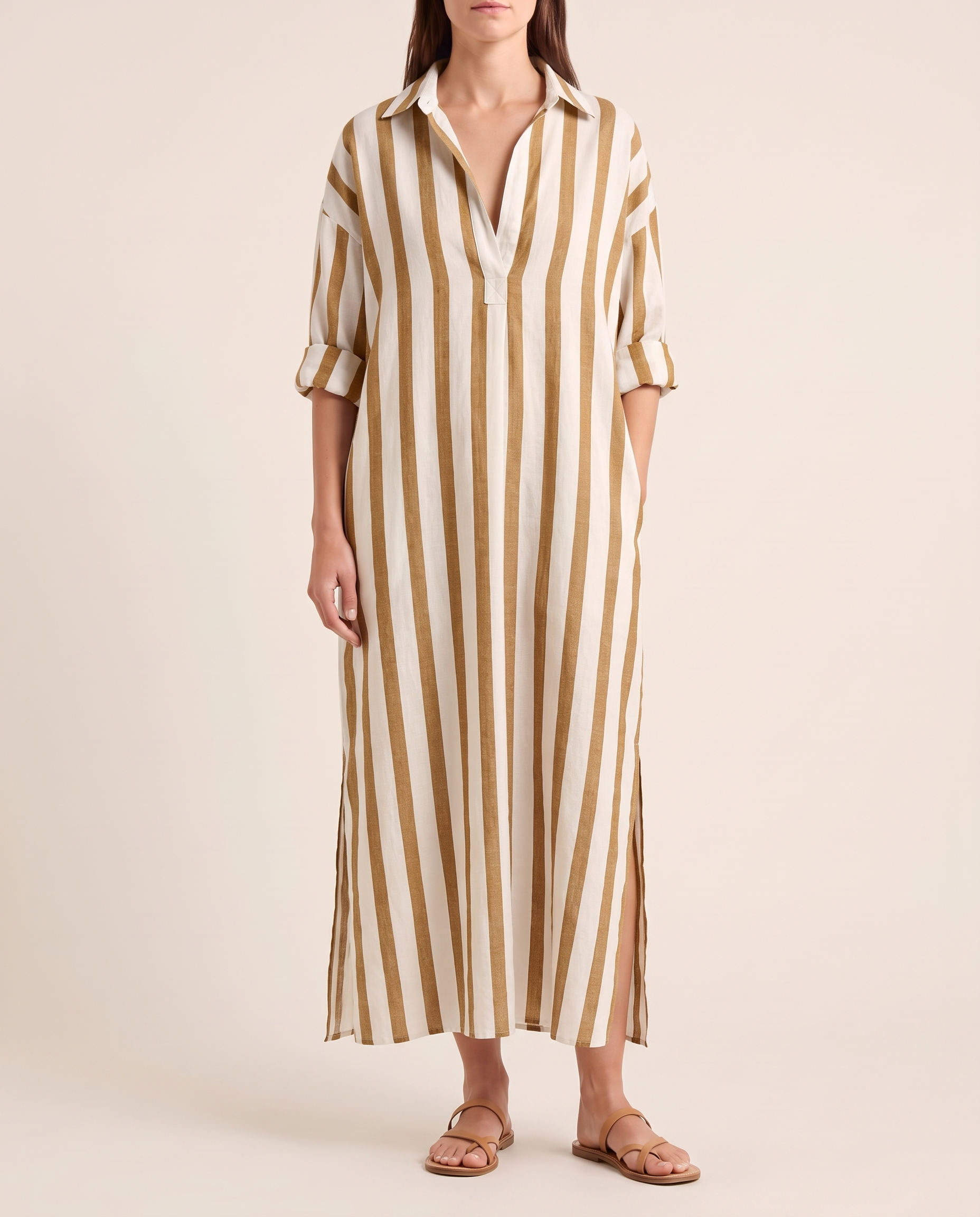 Casual Maxi Shirt Dress with Stripe Pattern and Pockets — Earthy Yellow — studio front