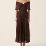 Catriona | Floral Pleated Maxi Dress — Brown — studio front