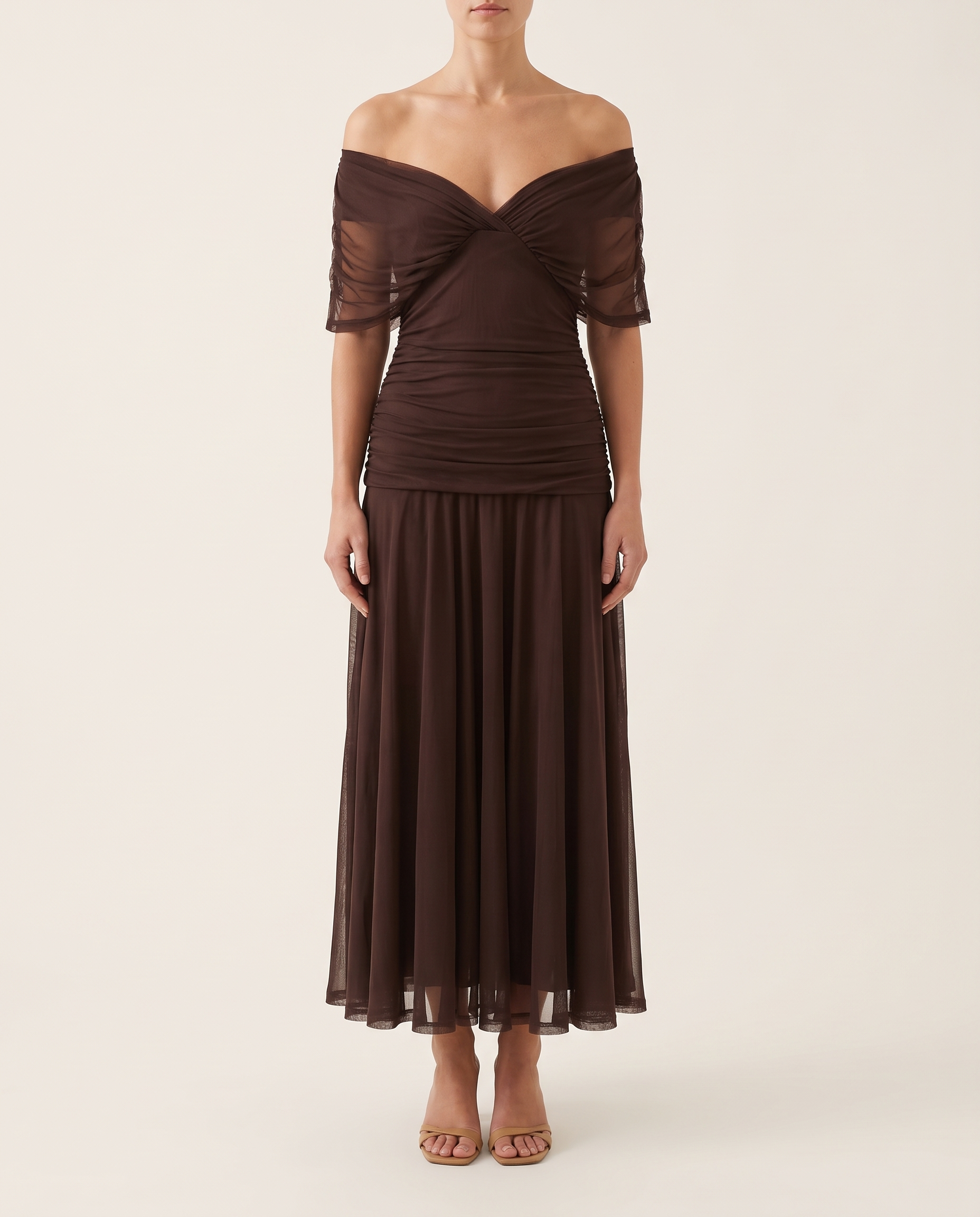 Catriona | Floral Pleated Maxi Dress — Brown — studio front