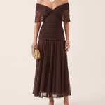 Catriona | Floral Pleated Maxi Dress — Brown — studio three-quarter