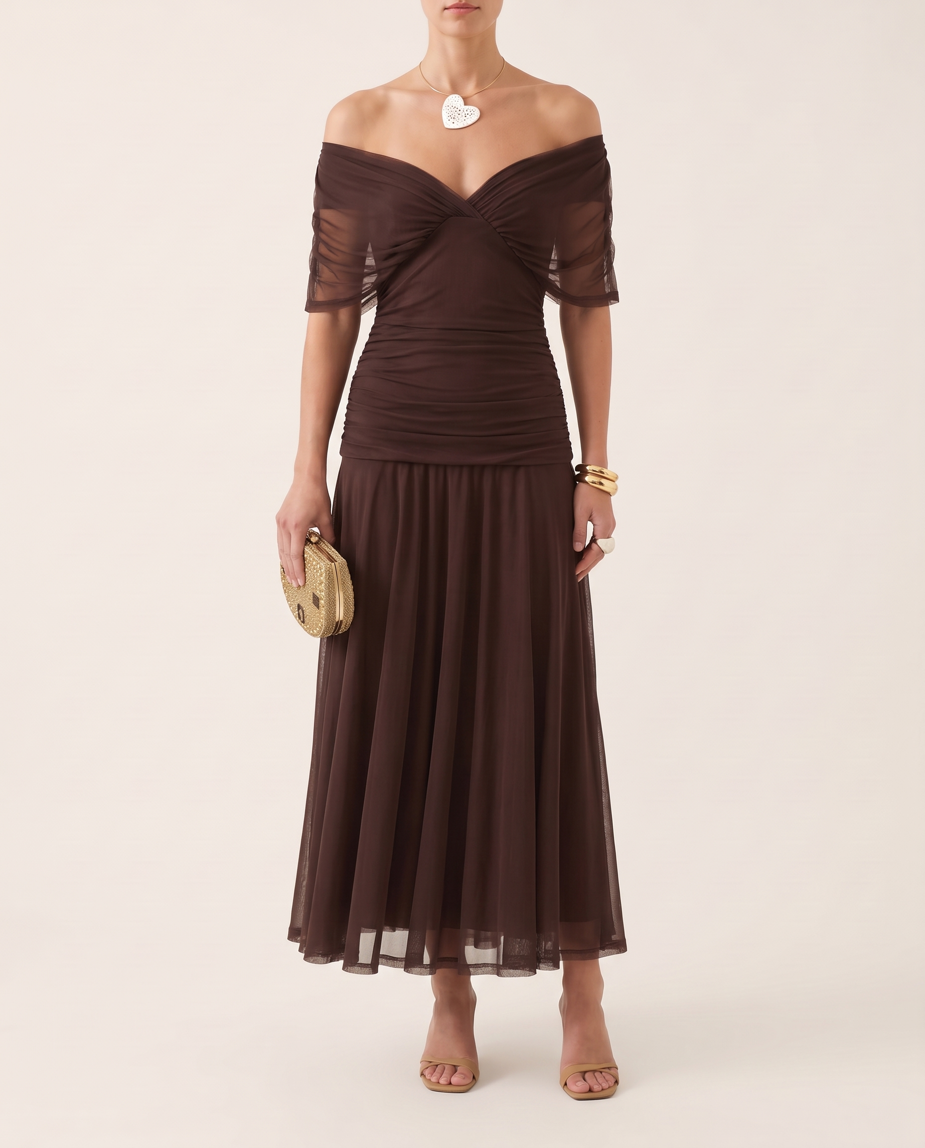 Catriona | Floral Pleated Maxi Dress — Brown — studio three-quarter