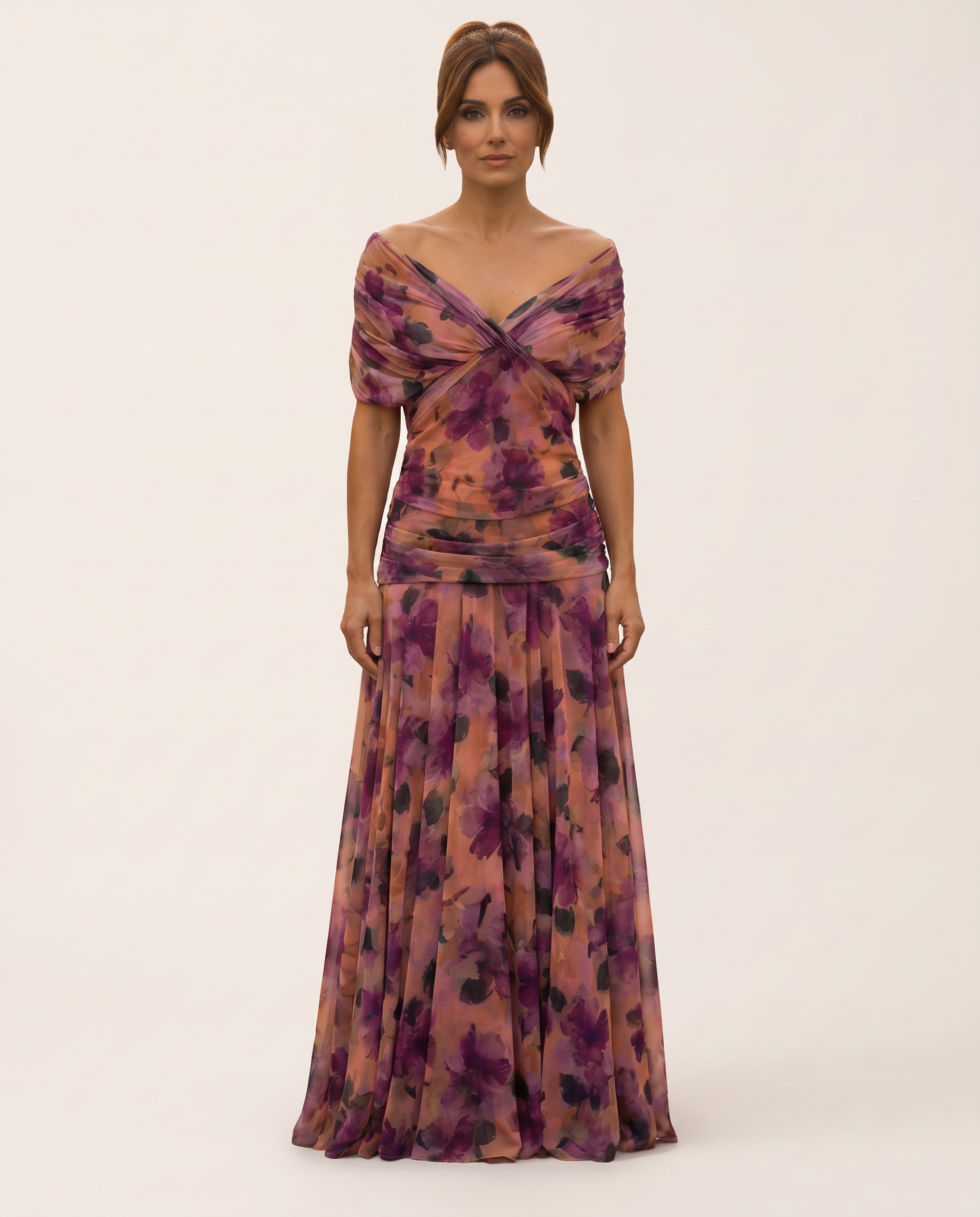 Catriona | Floral Pleated Maxi Dress — Purple — studio front