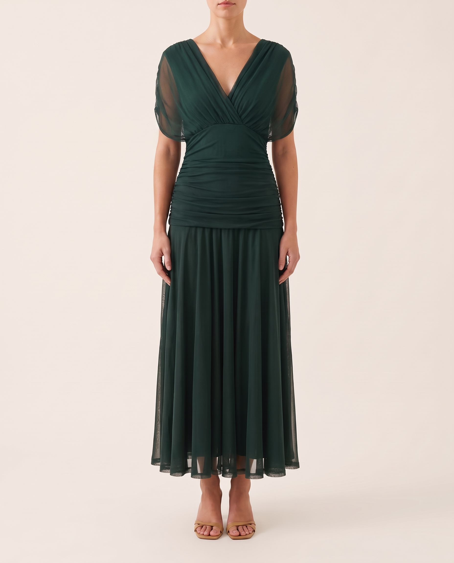 Catriona | Floral Pleated Maxi Dress — Green — studio front