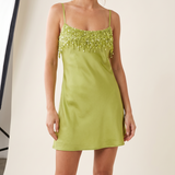 Celeste Sequin Fringe Satin Mini Dress – studio front view