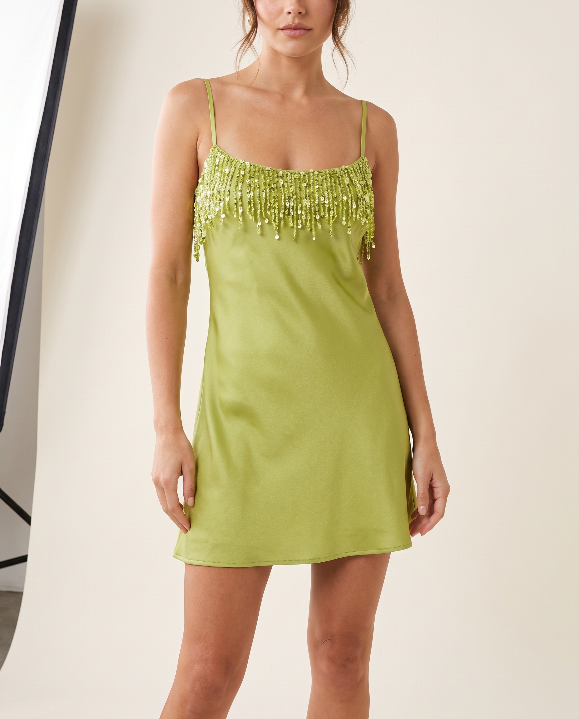 Celeste Sequin Fringe Satin Mini Dress – studio front view