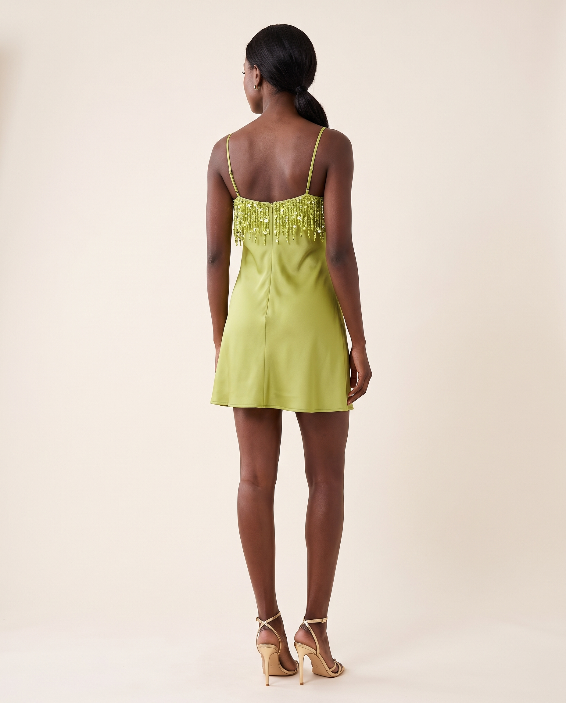 Celeste Sequin Fringe Satin Mini Dress – studio back view
