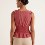 Checked Babydoll Tank Top with Ruffle Trim — full-length studio back view on a warm ivory seamless background