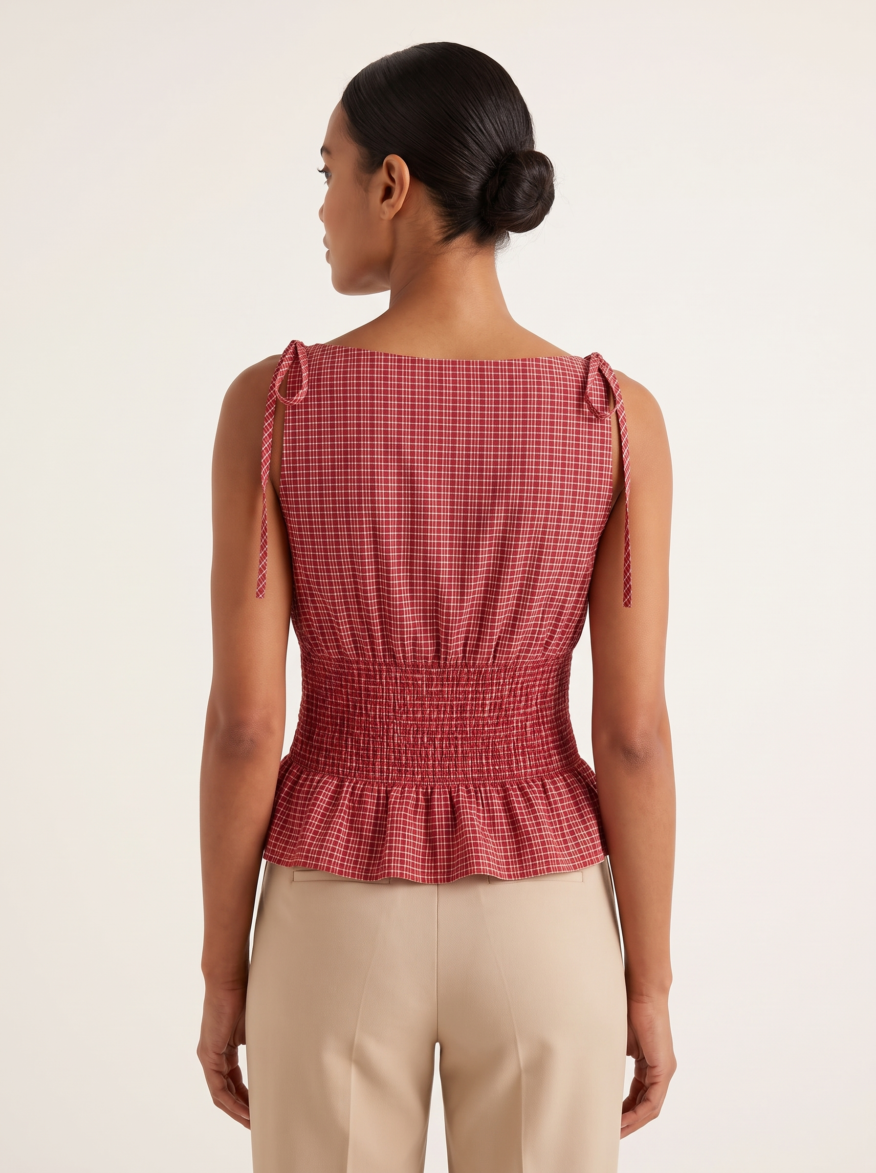 Checked Babydoll Tank Top with Ruffle Trim — full-length studio back view on a warm ivory seamless background