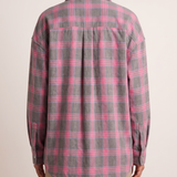 Checked Oversized Shirt with Button Front and Chest Pocket — full-length studio back view on a warm ivory seamless background
