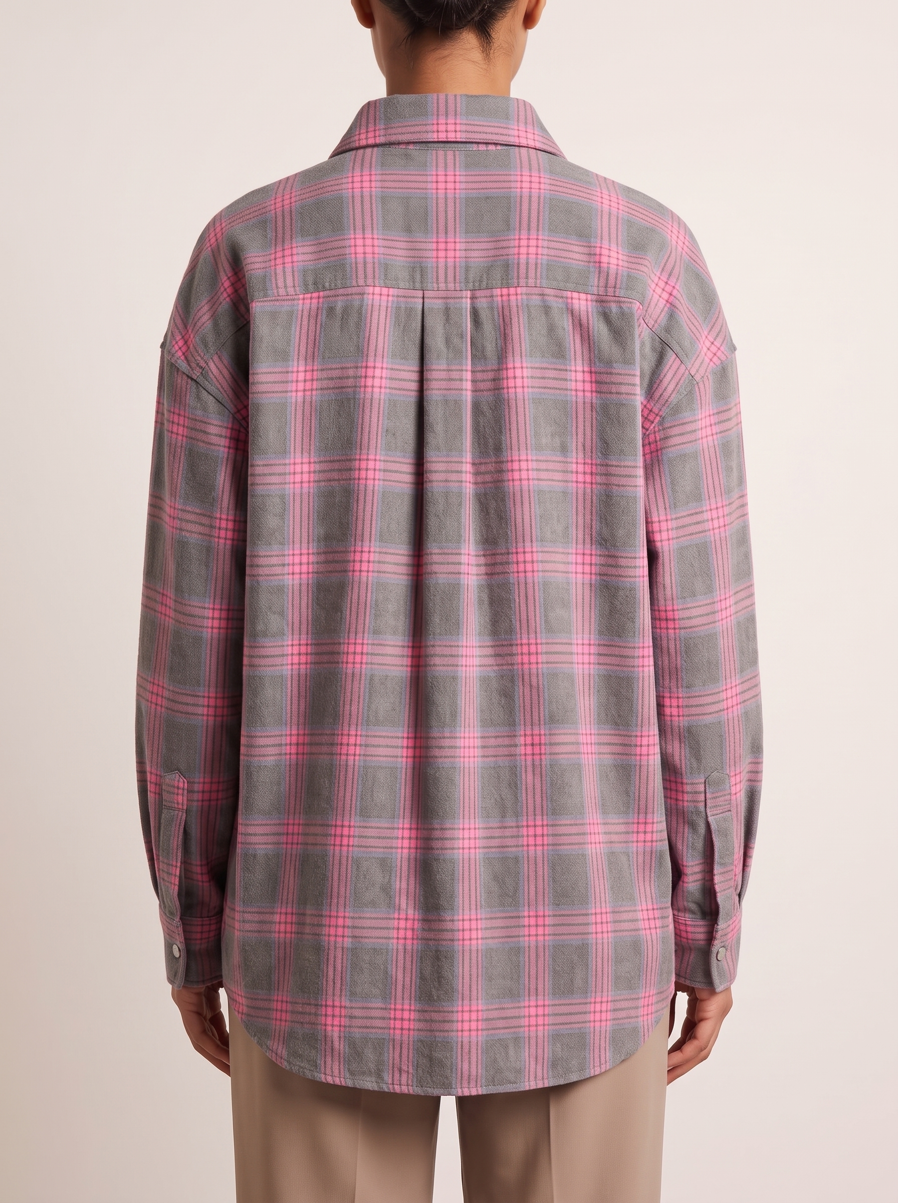 Checked Oversized Shirt with Button Front and Chest Pocket — full-length studio back view on a warm ivory seamless background