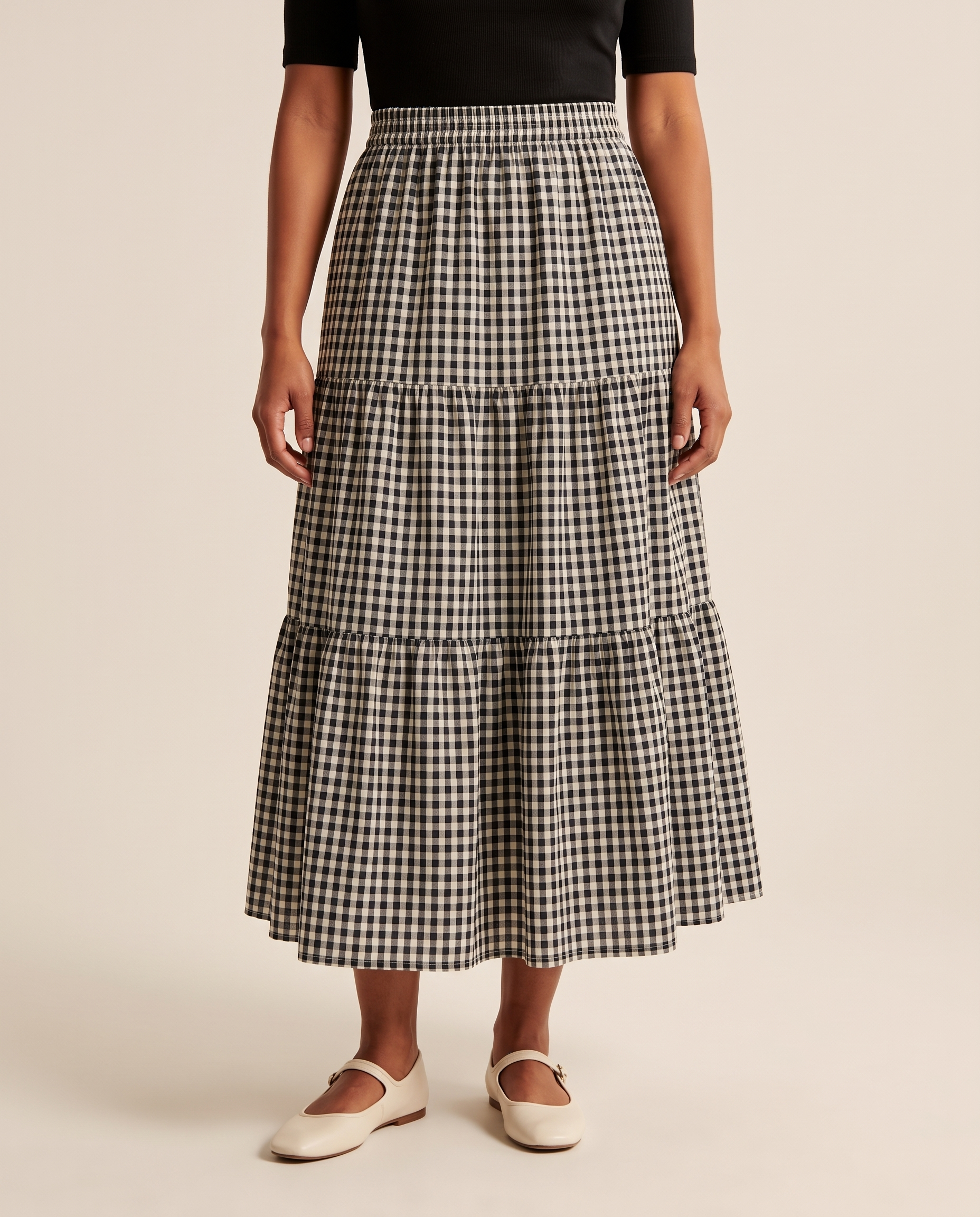 Checked Patchwork Tiered Midi Skirt – 82 cm studio front view