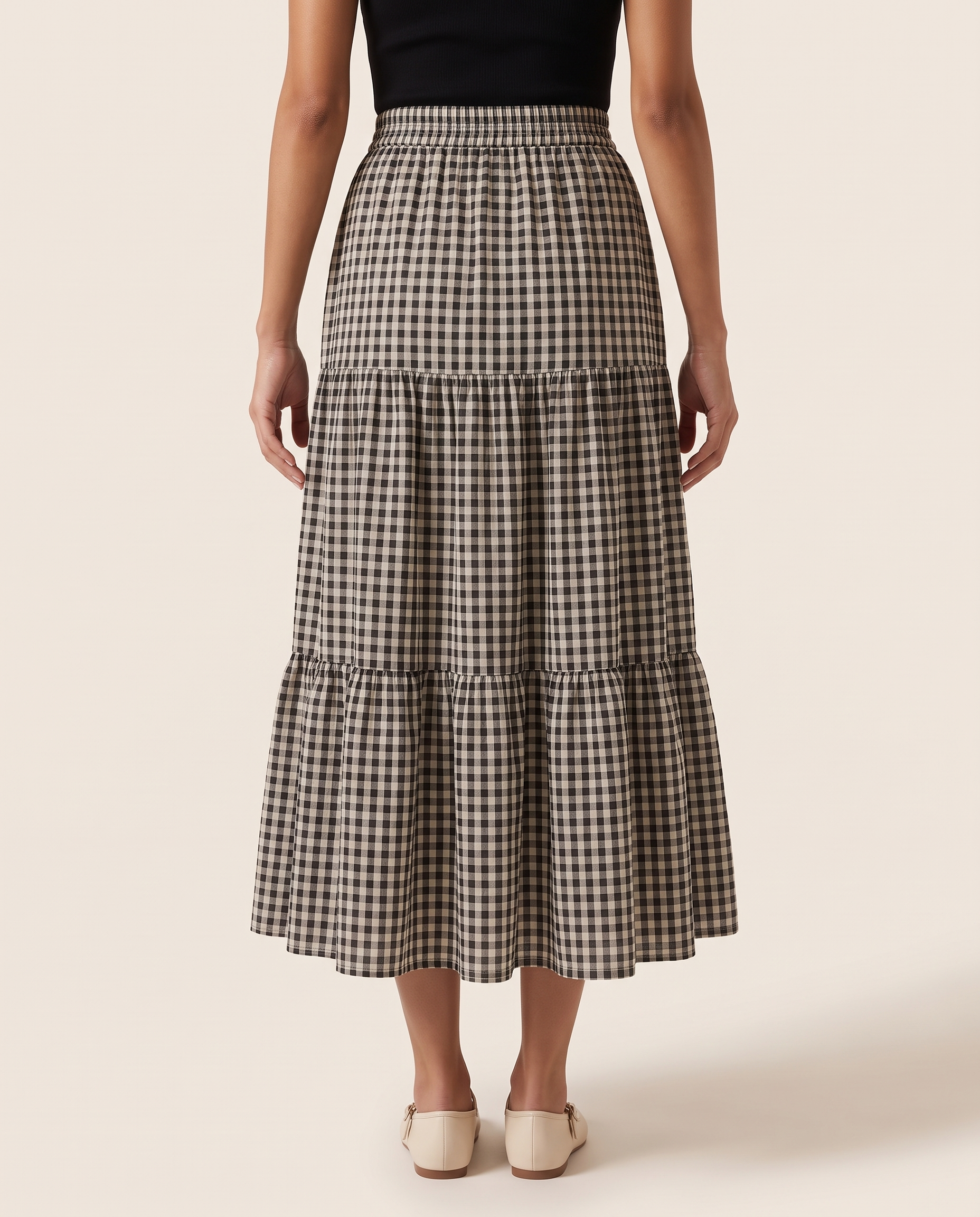 Checked Patchwork Tiered Midi Skirt – 82 cm studio back view