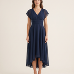 Clarissa | Flowing V-Neck Maxi Cocktail Dresses — Navy — studio front