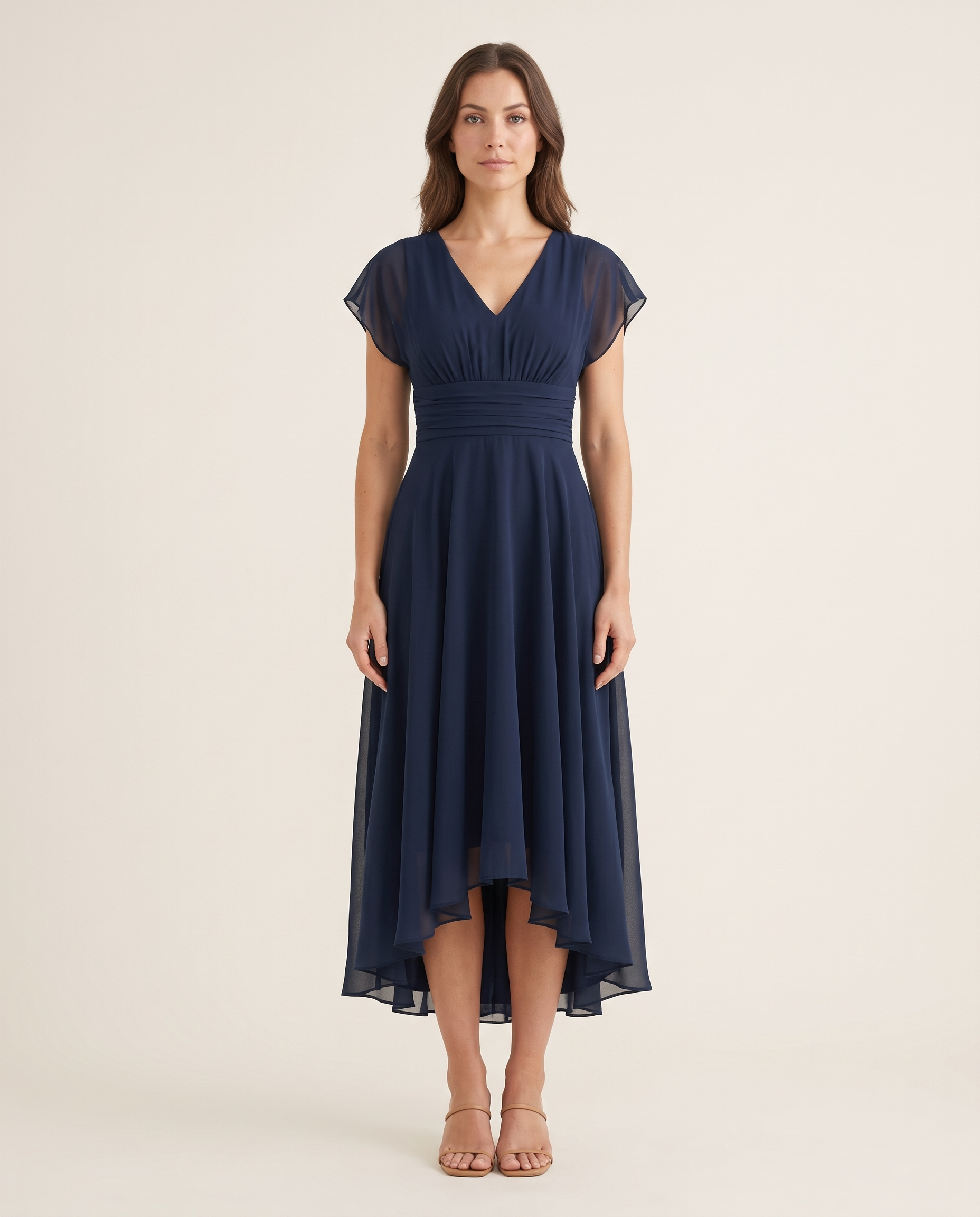 Clarissa | Flowing V-Neck Maxi Cocktail Dresses — Navy — studio front