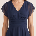Clarissa | Flowing V-Neck Maxi Cocktail Dresses — Navy — fabric detail