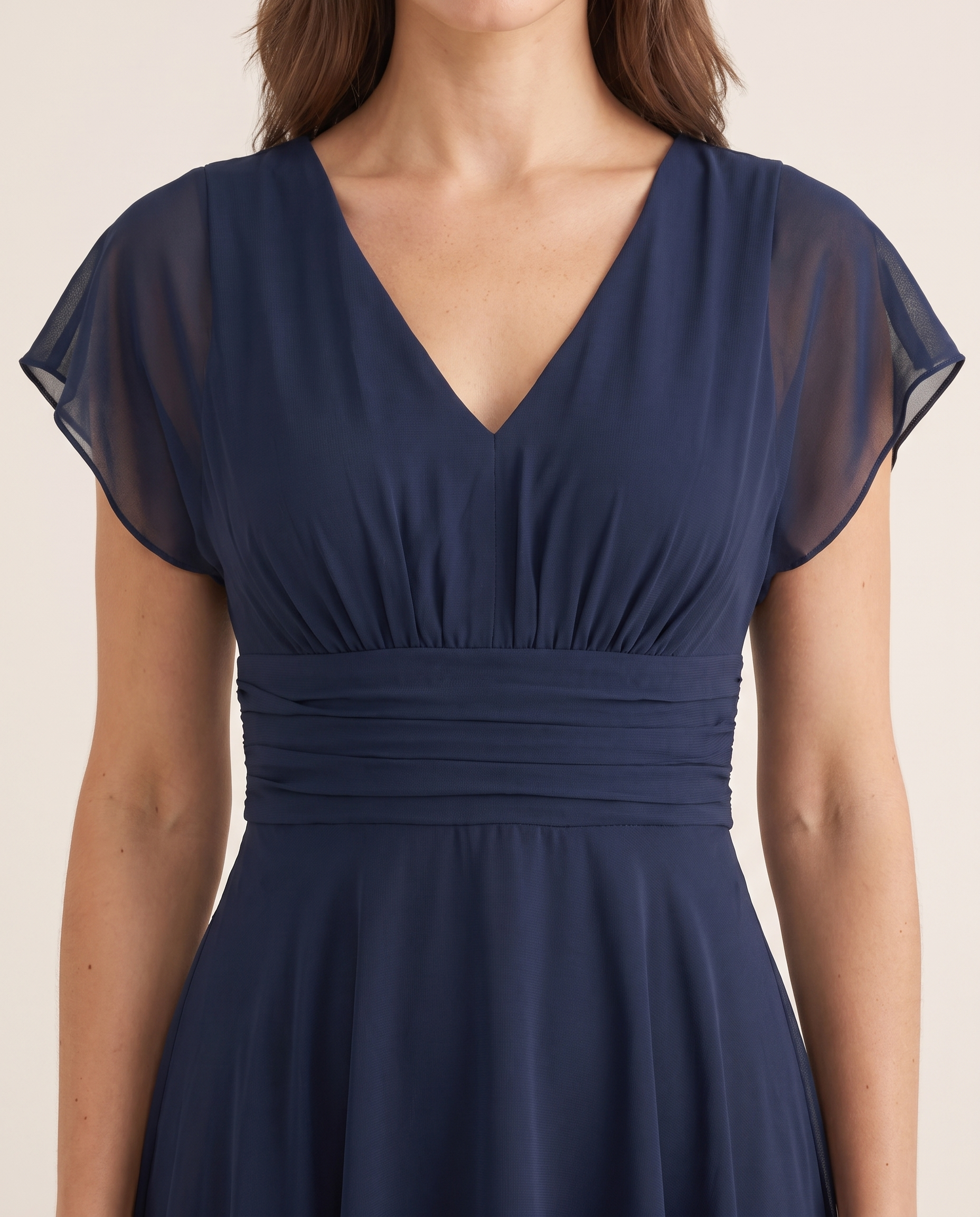 Clarissa | Flowing V-Neck Maxi Cocktail Dresses — Navy — fabric detail