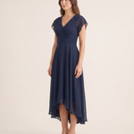 Clarissa | Flowing V-Neck Maxi Cocktail Dresses — Navy — studio three-quarter