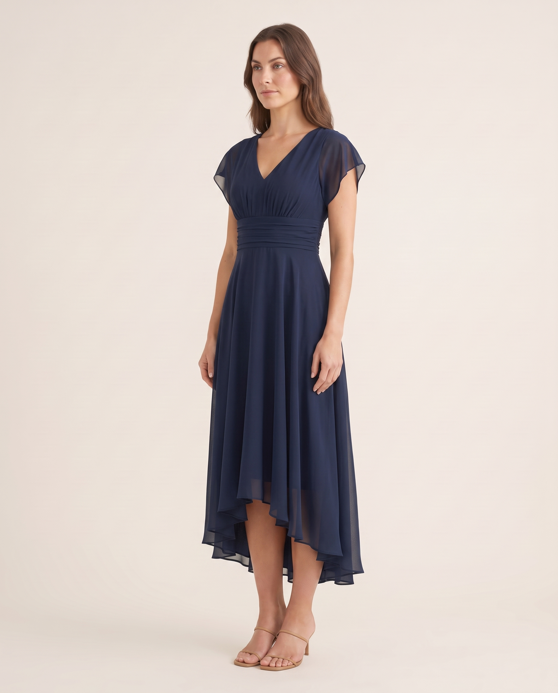 Clarissa | Flowing V-Neck Maxi Cocktail Dresses — Navy — studio three-quarter