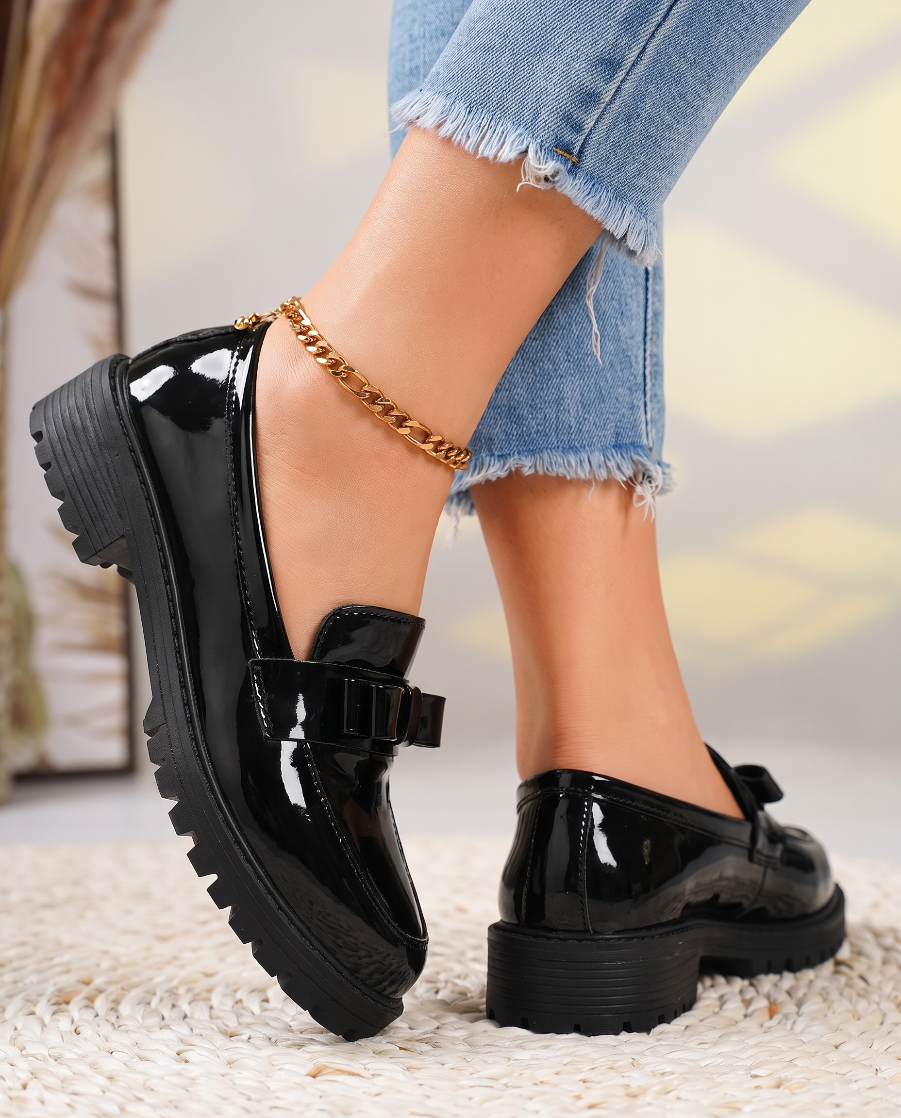 Classic Low-Heel Bow-Detail Patent Loafers — detail view