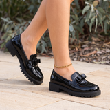 Classic Low-Heel Bow-Detail Patent Loafers — lifestyle view