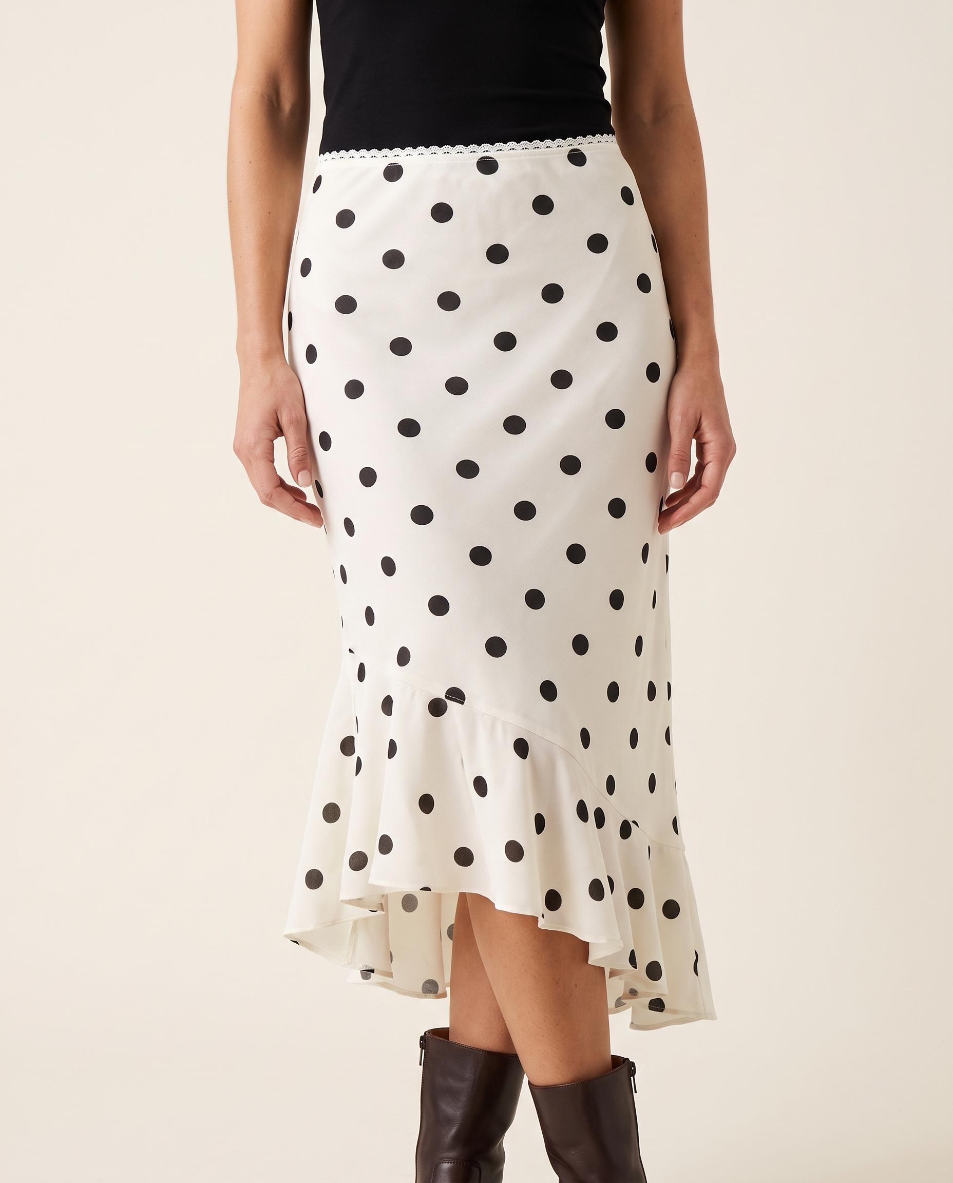 Coco Polka-Dot Pencil Midi Skirt – studio front view