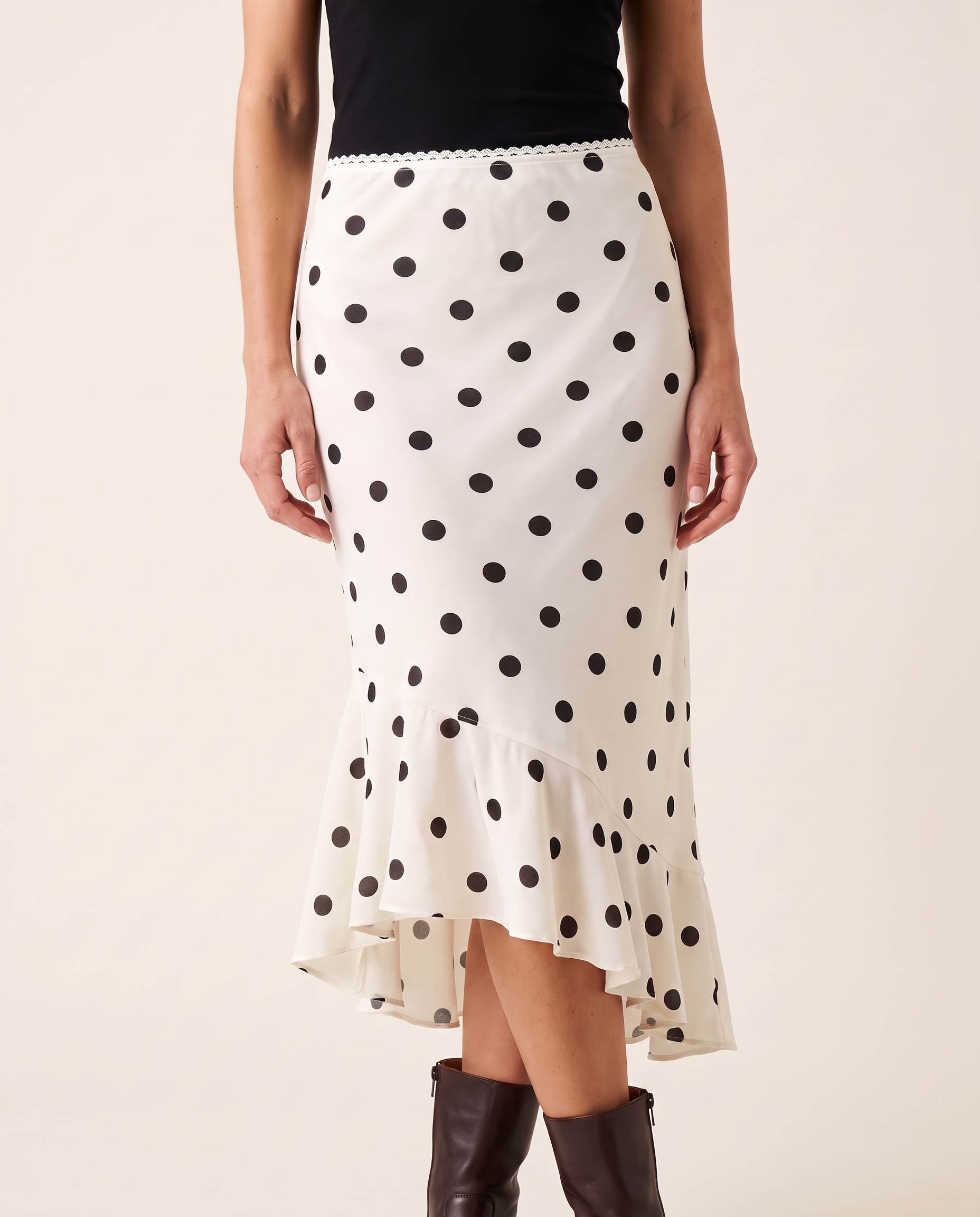 Coco Polka-Dot Pencil Midi Skirt — front view