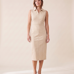 Collared Denim Midi Dress with Side Zip – beige front view