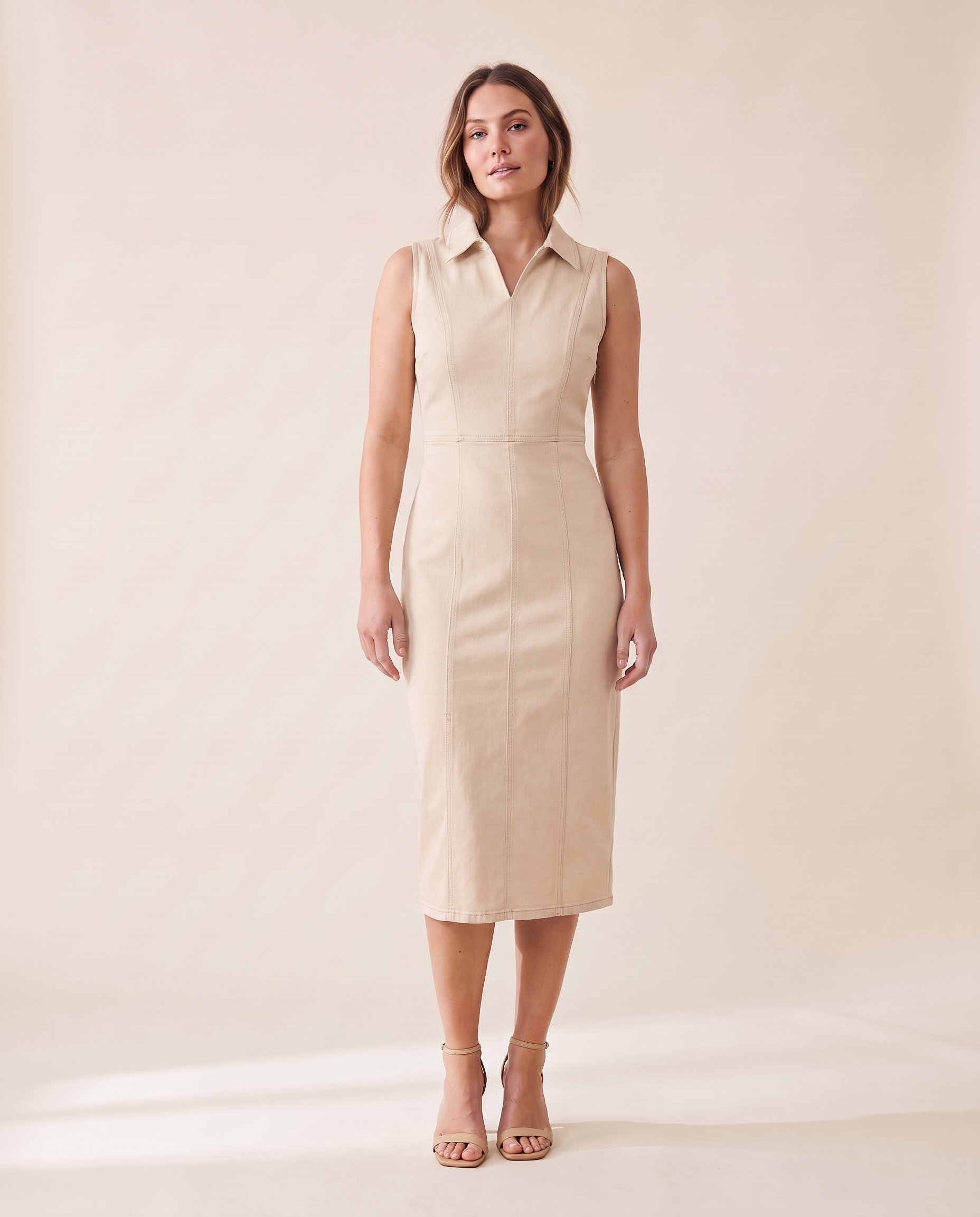 Collared Denim Midi Dress with Side Zip – beige front view