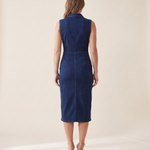 Collared Denim Midi Dress with Side Zip – navy true back view