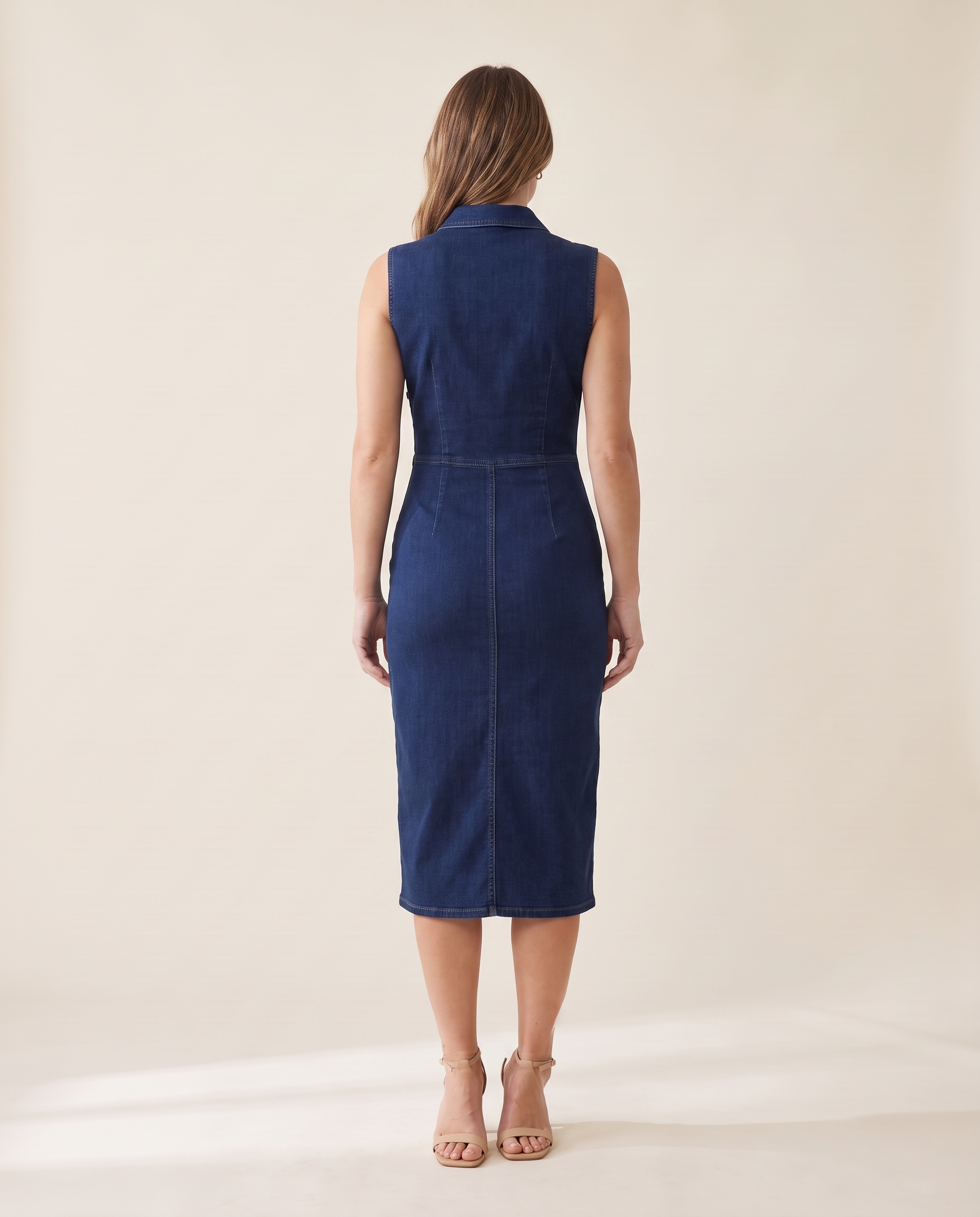 Collared Denim Midi Dress with Side Zip – navy true back view