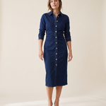 Collared Denim Midi Dress with Side Zip – navy front view