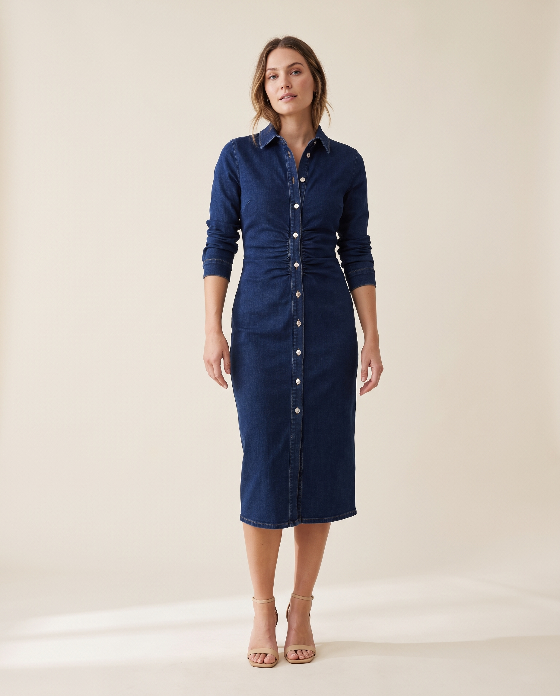Collared Denim Midi Dress with Side Zip – navy front view