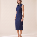 Collared Denim Midi Dress with Side Zip – navy three-quarter view