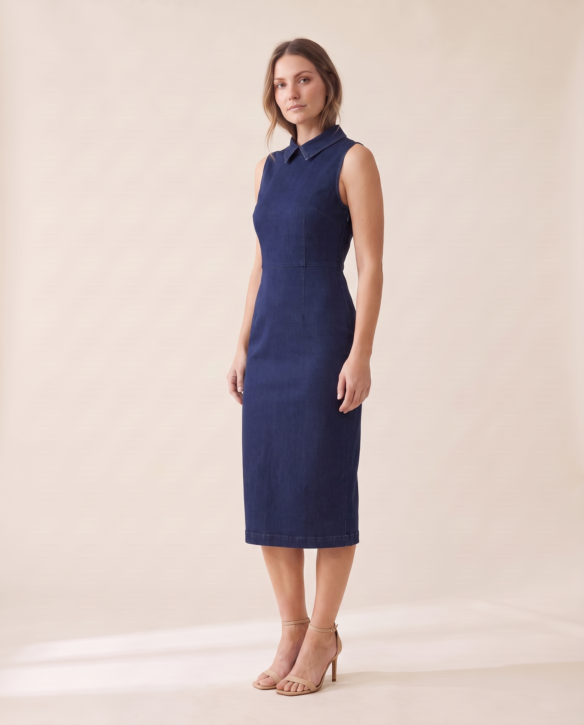 Collared Denim Midi Dress with Side Zip – navy three-quarter view