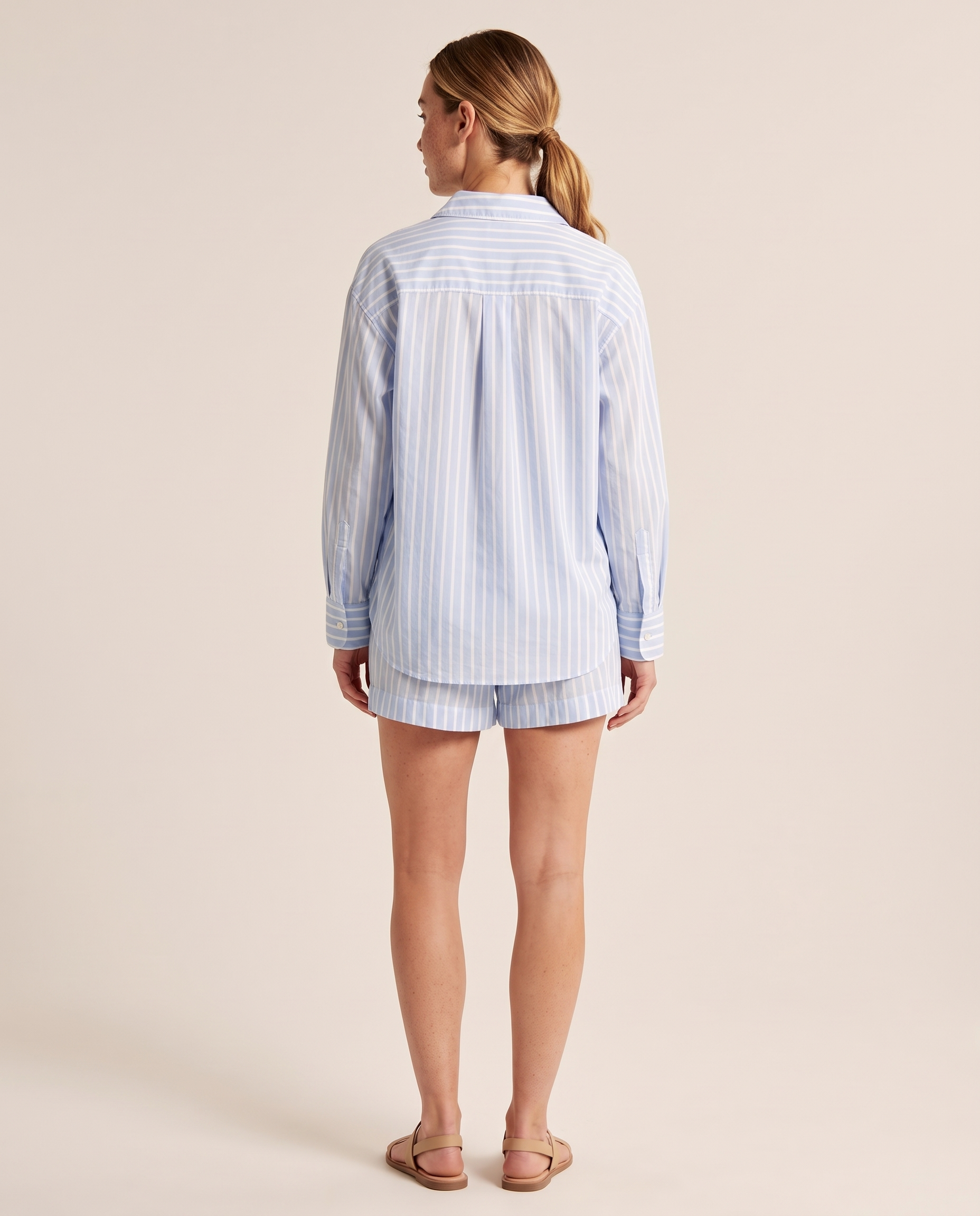 Cotton Long Sleeve Shirt and Striped Short Set – back