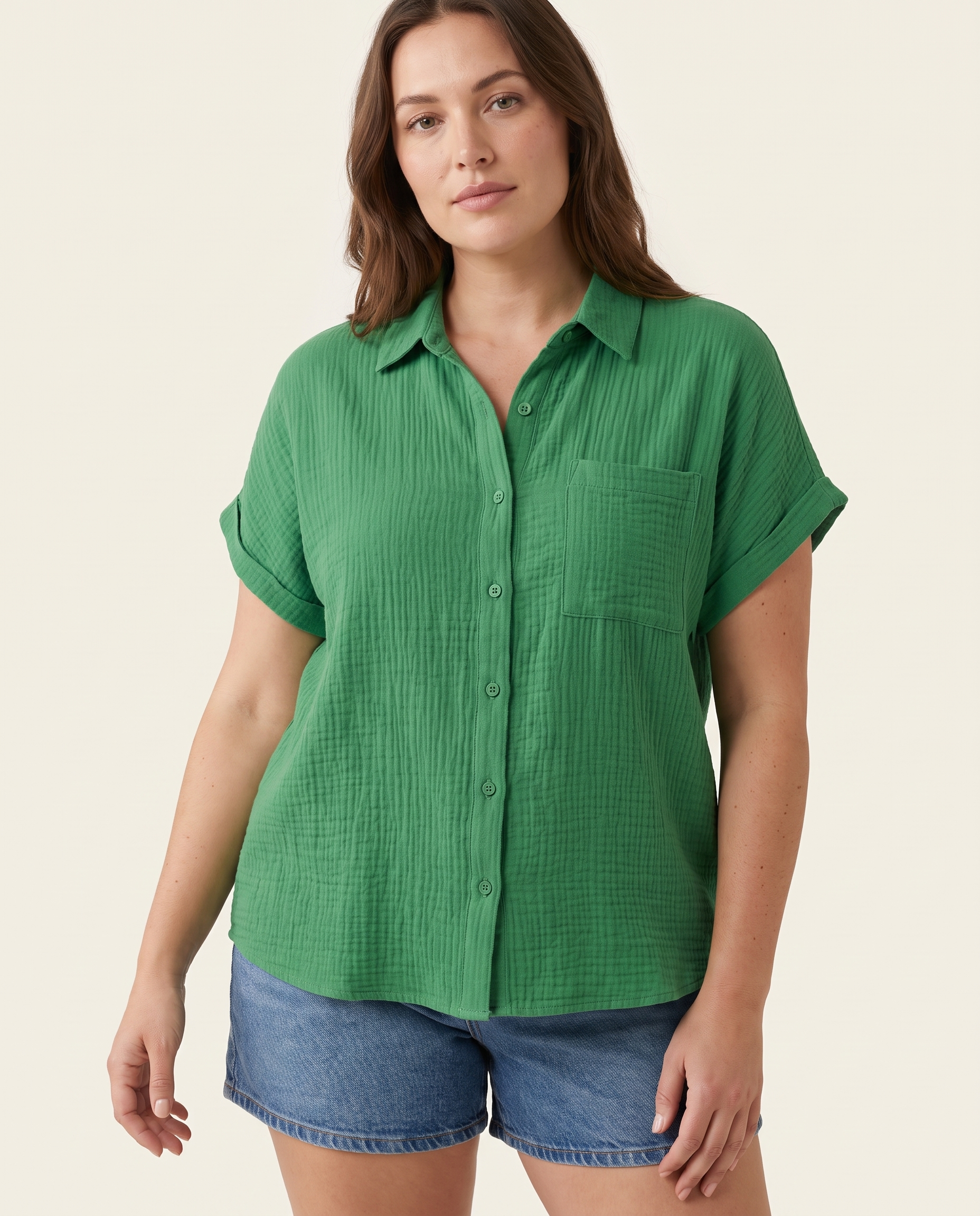 Cove Short-Sleeve Cotton Button-Up Shirt – studio front view