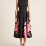 Danica | Black Floral A-Line Midi Cocktail Dresses — Black — studio front