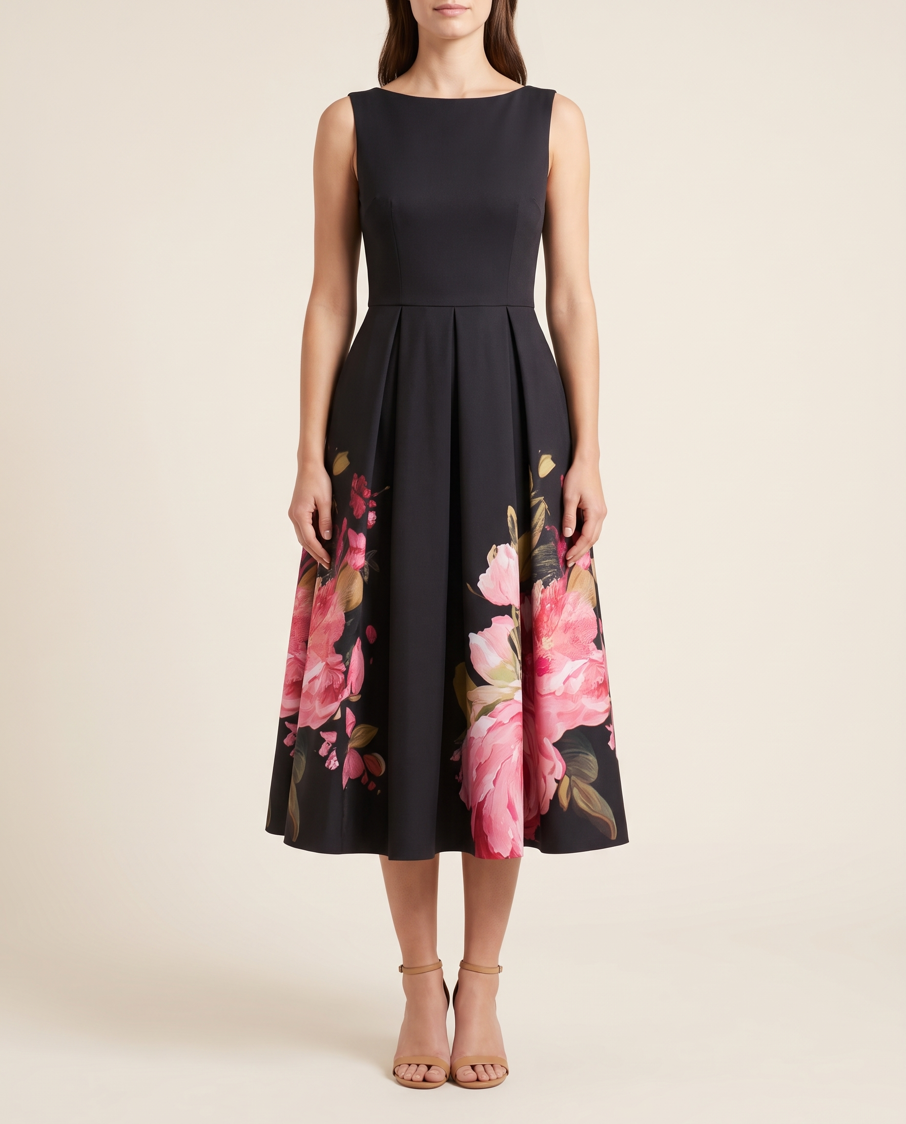 Danica | Black Floral A-Line Midi Cocktail Dresses — Black — studio front
