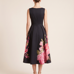 Danica | Black Floral A-Line Midi Cocktail Dresses — Black — back view