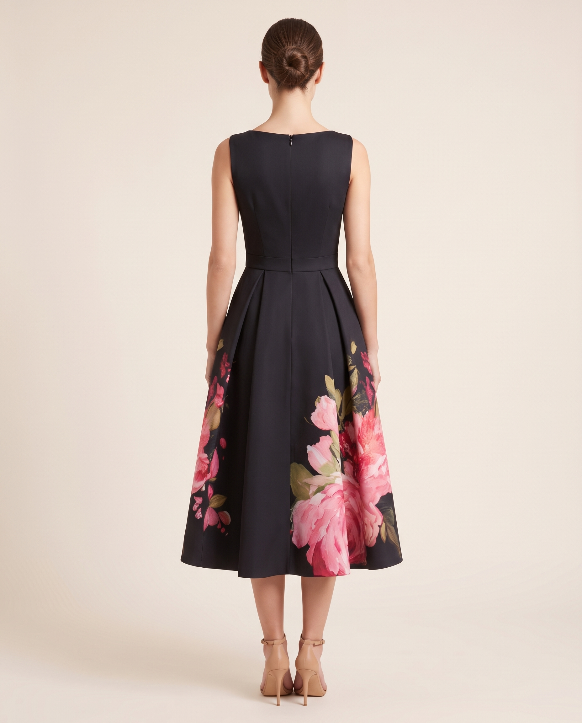 Danica | Black Floral A-Line Midi Cocktail Dresses — Black — back view