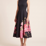 Danica | Black Floral A-Line Midi Cocktail Dresses — Black — studio three-quarter