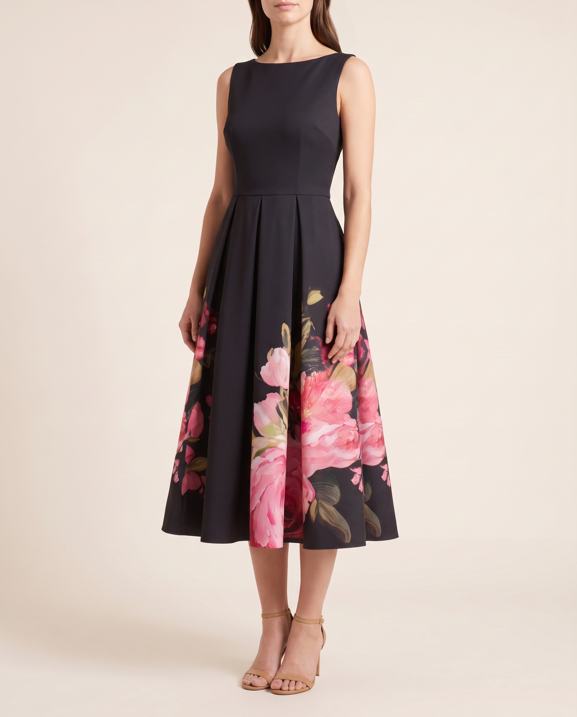 Danica | Black Floral A-Line Midi Cocktail Dresses — Black — studio three-quarter