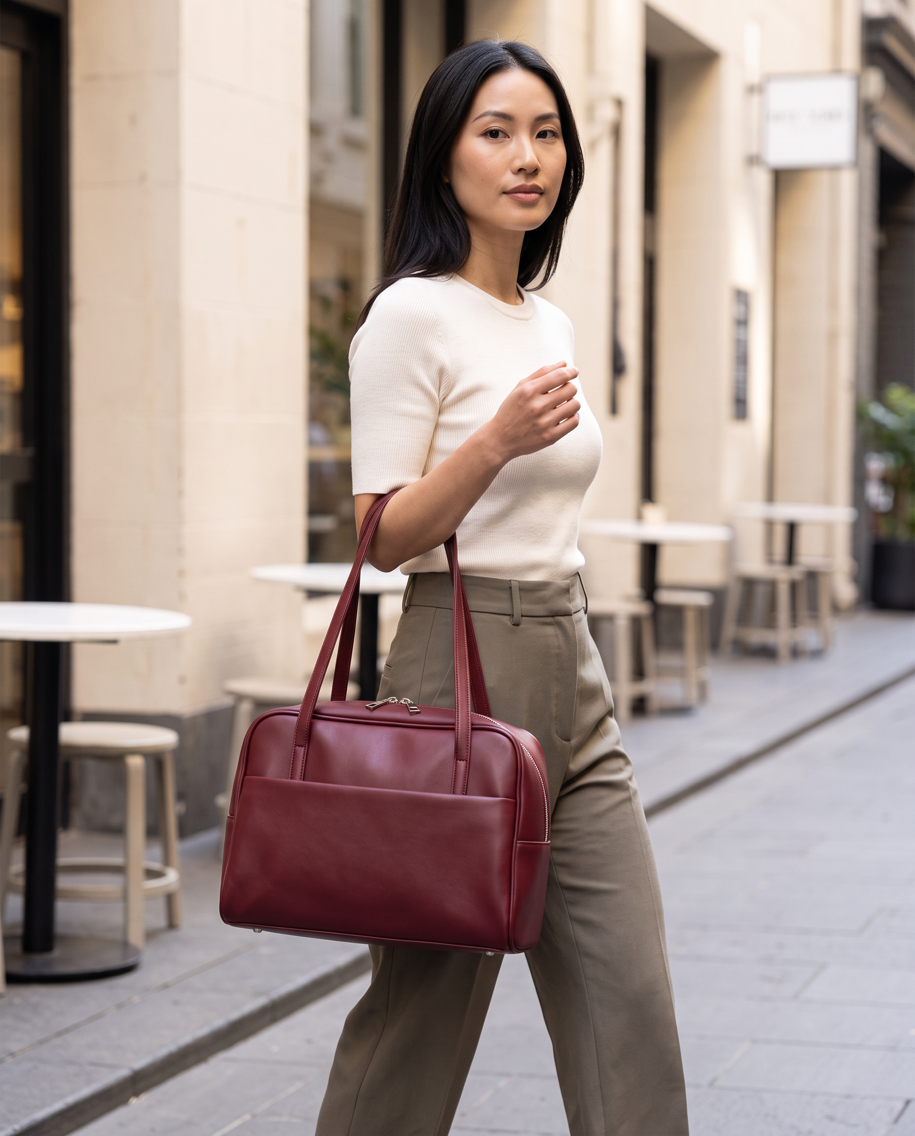 Dove red shoulder bag Australian lifestyle view