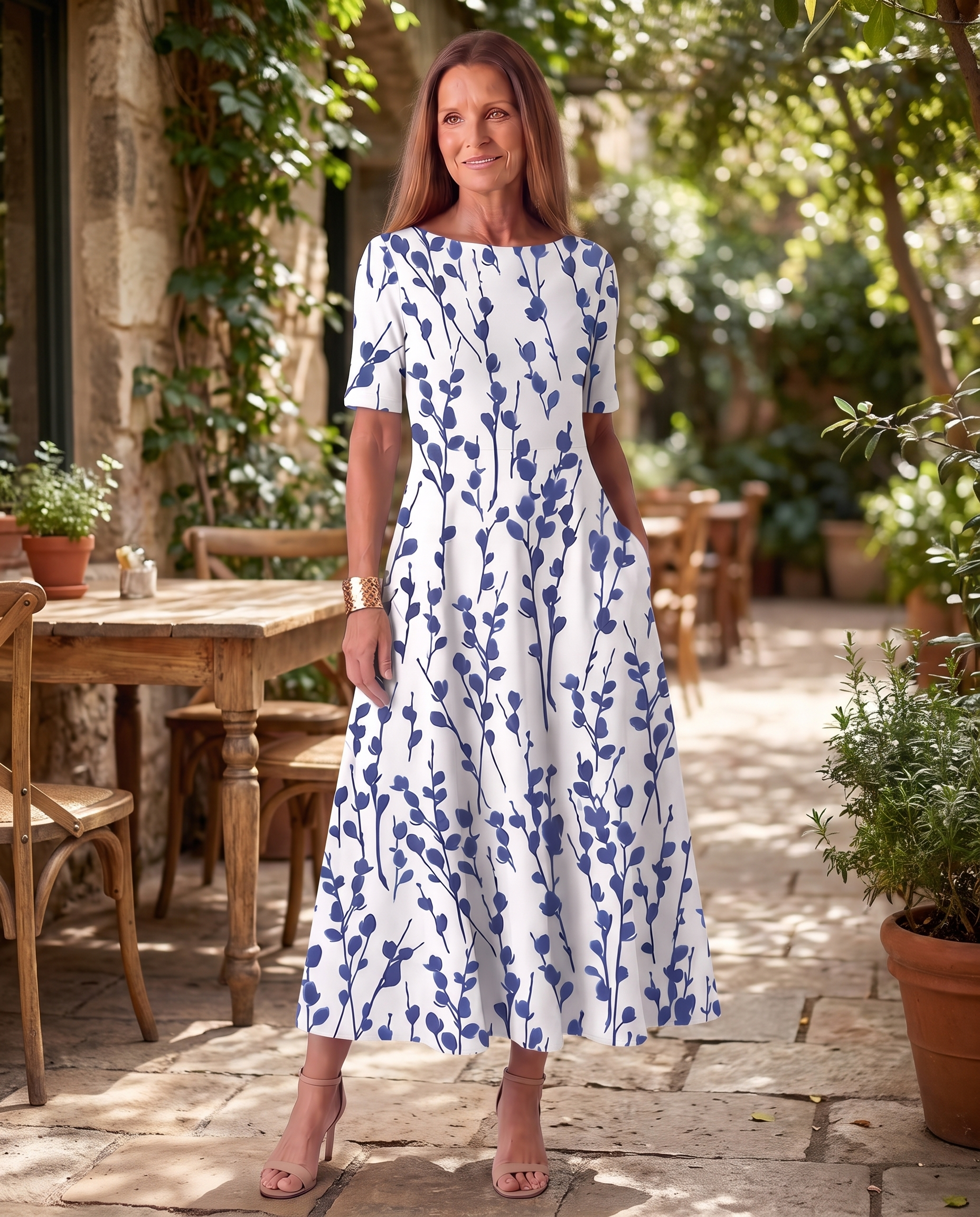 Dress – Coastal Bloom for Sunlit Days — Blue — courtyard lifestyle