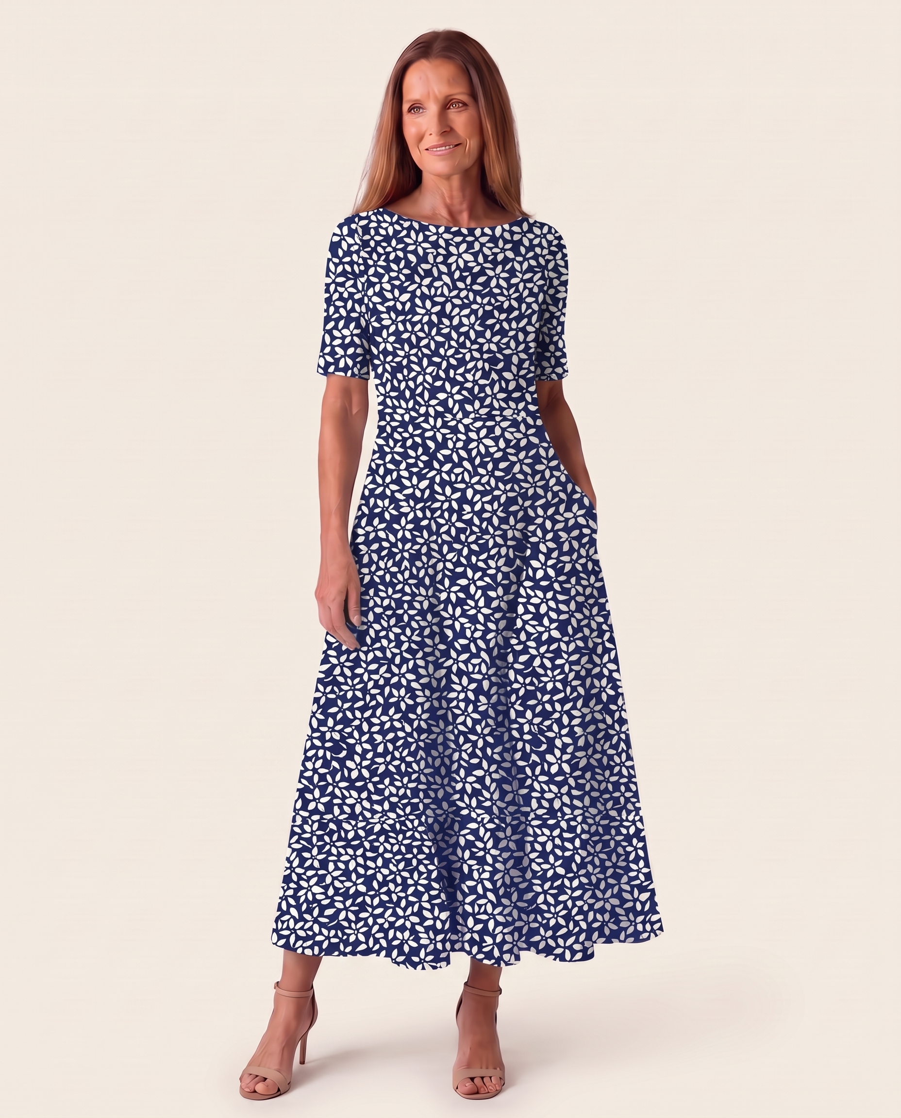 Dress – Coastal Bloom for Sunlit Days — Dark Blue — studio front