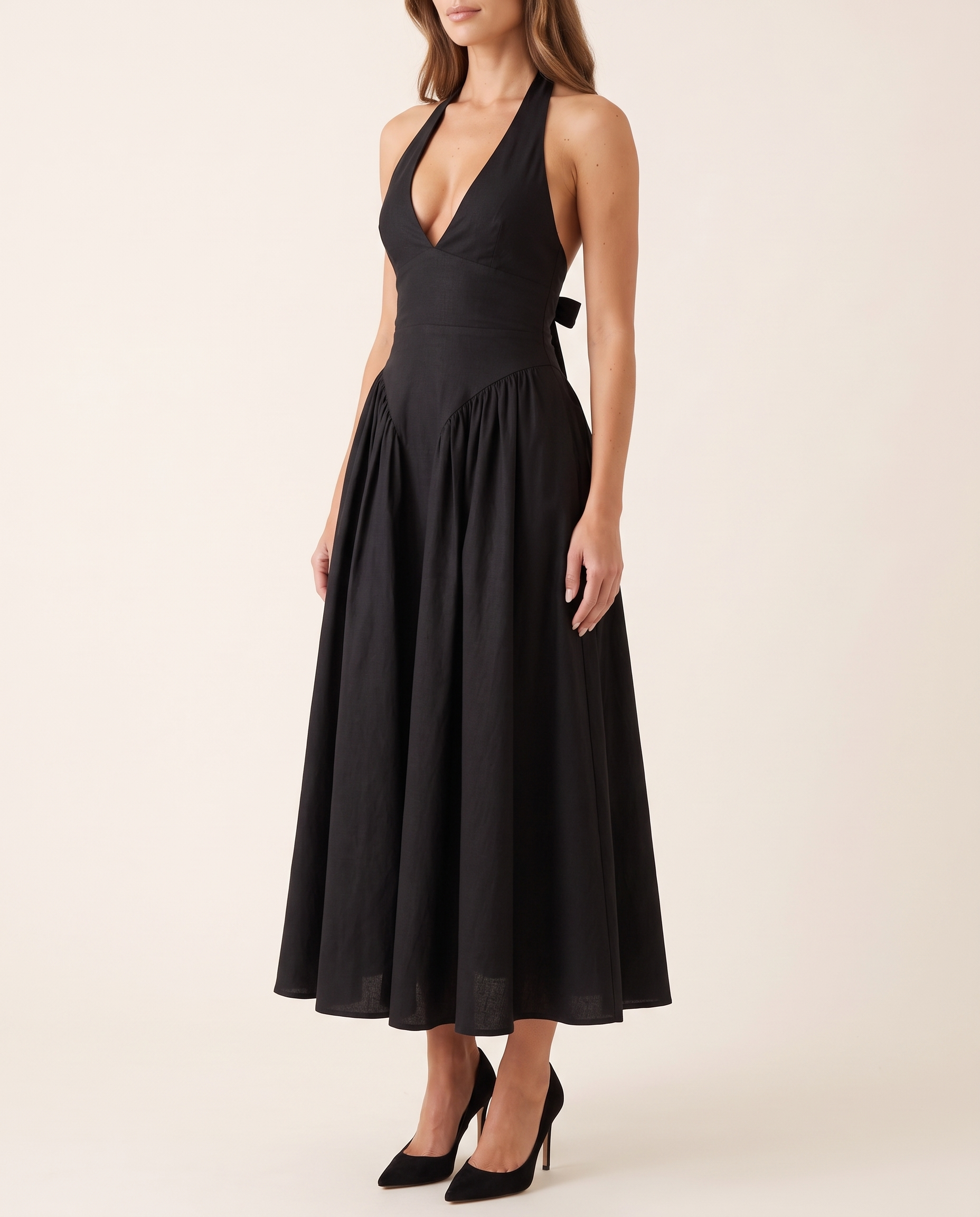 Elara Backless Halter A-Line Midi Dress – Black studio variant