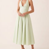Elara Backless Halter A-Line Midi Dress – Green studio variant
